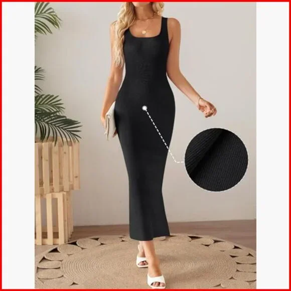 Sleeveless Square Neck Bodycon Midi Dress Side Slit Knit Casual - Picture 2 of 7